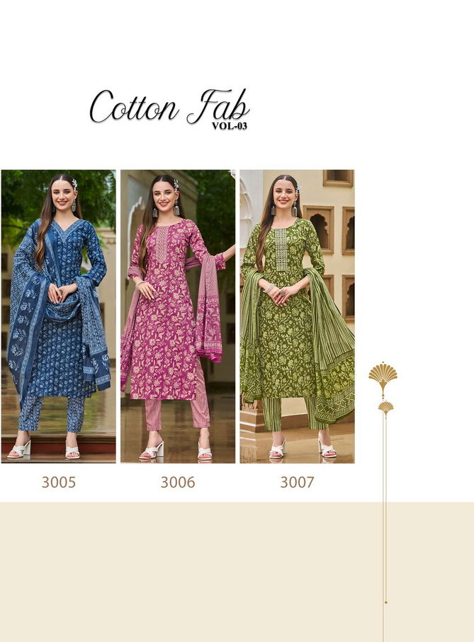 Cotton Fab Vol 3 Cotton Printed Embroidery Kurti With Bottom Dupatta Wholesale Online